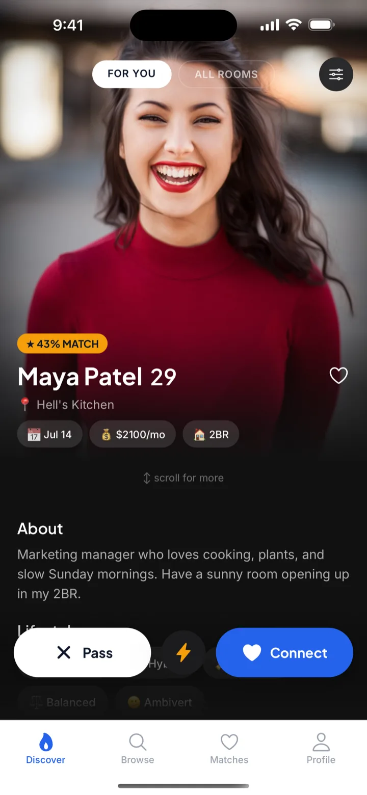 Room-ez Discover screen showing a roommate profile with match score