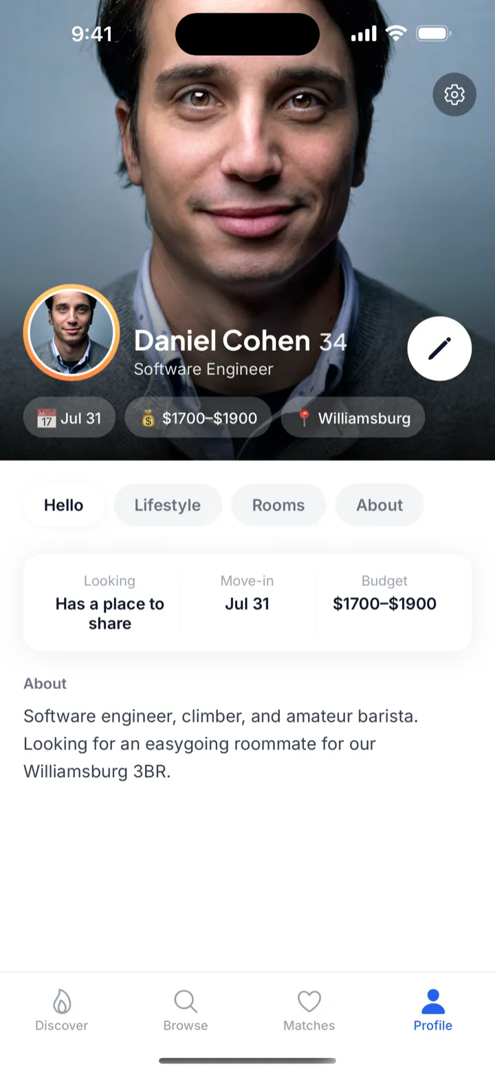 Room-ez Profile screen
